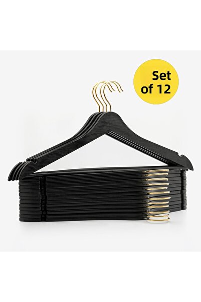 Home 12 Pieces - Wooden Look Plastic A Quality Black Clothes Hanger Gold Hook