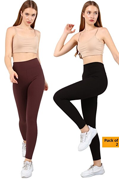 VOSSAX 2-Piece Leggings Ribbed High Waist Recovery Sports Leggings Black+brown