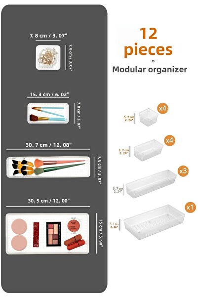 Meleni Home Organizer μακιγιάζ κοσμημάτων 12 τεμαχίων - Σετ οργάνωσης συρταριών διαφανές