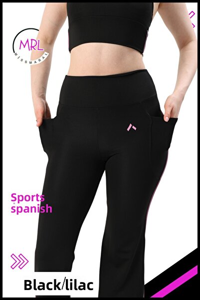 missmaral Women's Tights, Trousers, High Waist, Black/Lilac Stripe Detail, with Pocket 1042