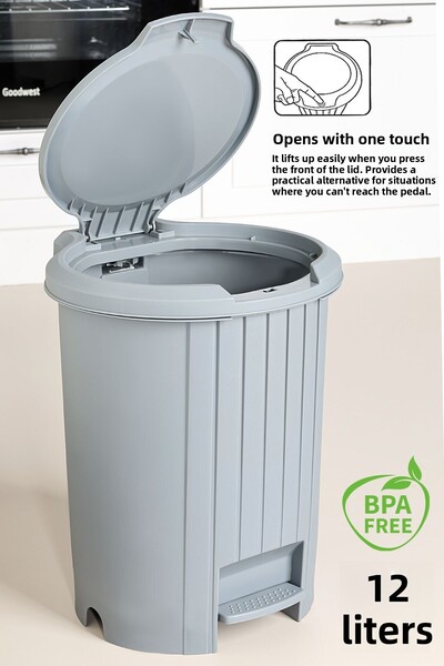 Meleni Home Bas Open Lid Trash Can - Click Lid Pedal Trash Can Bathroom Kitchen Trash Can 12 Liters Gray