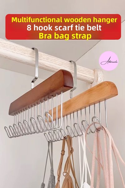 adornazzle Multi-Functional Wooden Hanger with 8 Hooks 1 Pcs Scarf Tie Belt and Bra Handbag