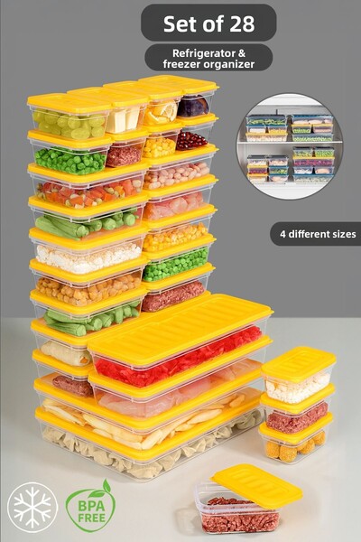 Meleni Home Set de depozitare 28 bucăți potrivit pentru cuptorul cu microunde și difuzor - 2x2400ml 4x1170ml 10x600ml 12x240ml Galben