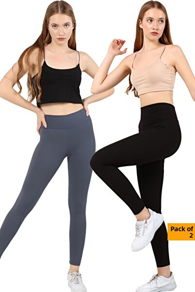 VOSSAX 2-Piece Leggings Ribbed High Waist Recovery Sports Leggings Black+indigo