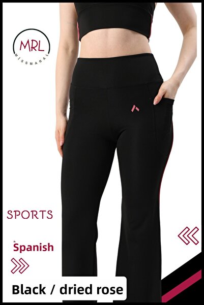 missmaral Women's Tights Trousers Lycra High Waist Gathering Fabric Black / Rose Stripe Detailed with Pockets 1042