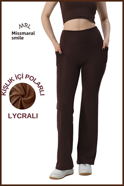 missmaral Γυναικείο κολάν σκούρο καφέ - Ψηλόμεσο, Fleece, Lycra, Διπλή τσέπη, Flare Leg Winter 1064