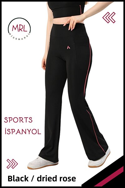 missmaral Women's Tights Trousers Lycra High Waist Gathering Fabric Black / Rose Stripe Detailed with Pockets 1042