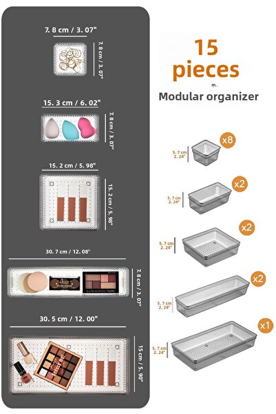 Meleni Home 15-piece Anthracite Cosmetic and Make-up Organizer - Drawer Organizer, In-cabinet