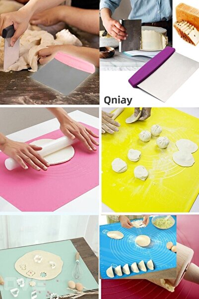 QNİAY Set of 2 Silicone Scale Dough Rolling Mat + Dough Cutting Apparatus Spatula Dumpling Ravioli Kneading Mat