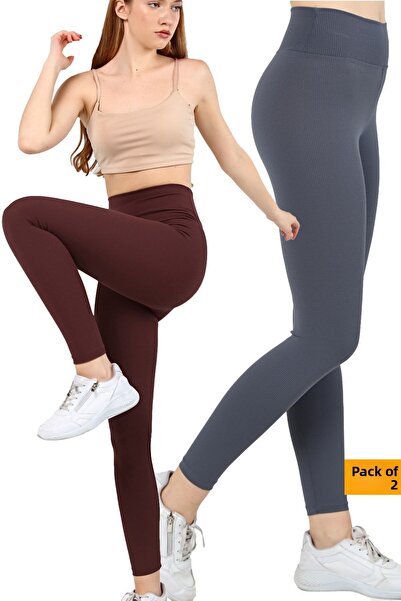 VOSSAX 2-Piece Leggings Ribbed High Waist Recovery Sports Leggings Brown+indigo