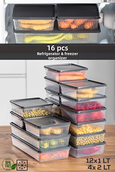 Porsima 1101-1169 منظم ثلاجة أنثراسايت مكون من 16 قطعة - حاوية تخزين للميكروو...