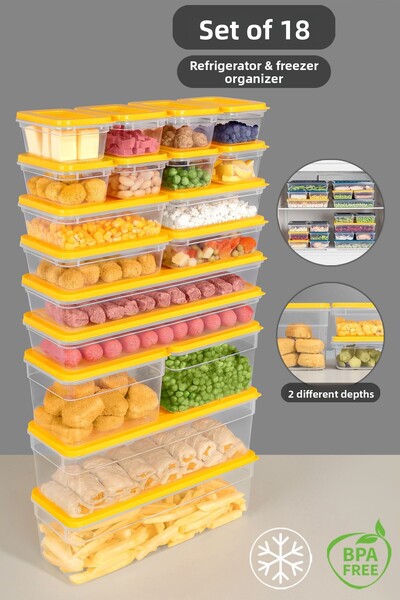 Meleni Home Set de 18 organizatoare galbene pentru frigider - Recipiente pentru congelator pentru cuptor cu microunde adânc și superficial