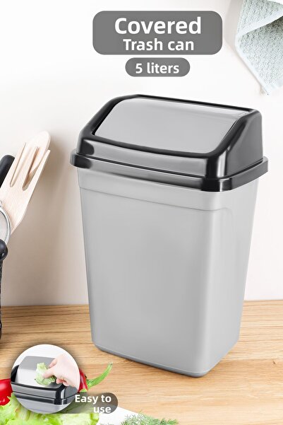 Meleni Home 5 Liter Plastic Trash Can with Lid - Home Office Bathroom Kitchen Countertop Trash Can Gray