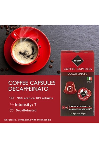 Rioba كبسولات قهوة ديكافيناتو بنكهة غنية وطعم كريمي 11 كبسولة قهوة غير كافيين
