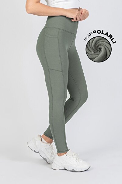 The Step Sports Γυναικείο θερμικό κολάν με πράσινο ραβδωτό χειμερινό φλις ψηλ...