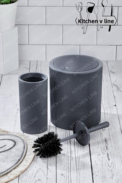 Kitchen Line Round Trash Can and Toilet Brush Set - Dark Gray Bathroom Set