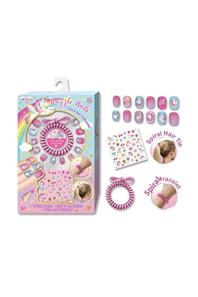 TOYFEST Unicorn Patterned Dazzle Nails - Adhesive Fake Nails Set with Buckle and Bracelet