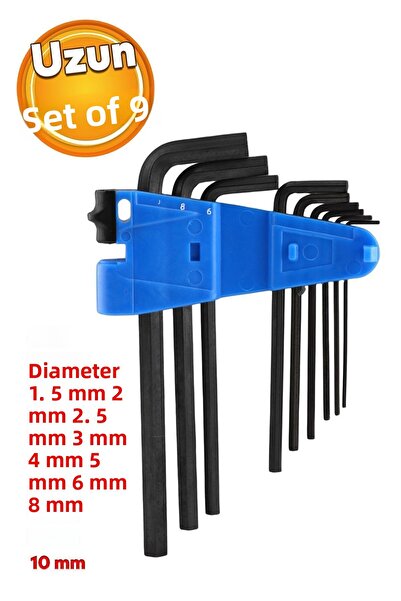 Badem10 Hexagonal Screw - Set of 9 Black Metal Allen Allen Key, 1.5-10mm
