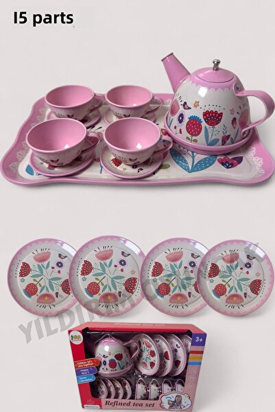 YILDIRIM OYUNCAK طقم إبريق شاي معدني مكون من 15 قطعة مع ملحقات، طقم فناجين شا...