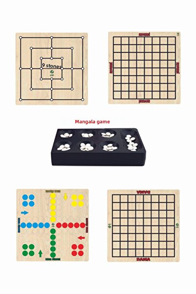 Kiri مجموعة ألعاب الذكاء الخشبية 5 قطع لعبة 9 أحجار، ريفيرسي، مانجالا، فتاة ا...