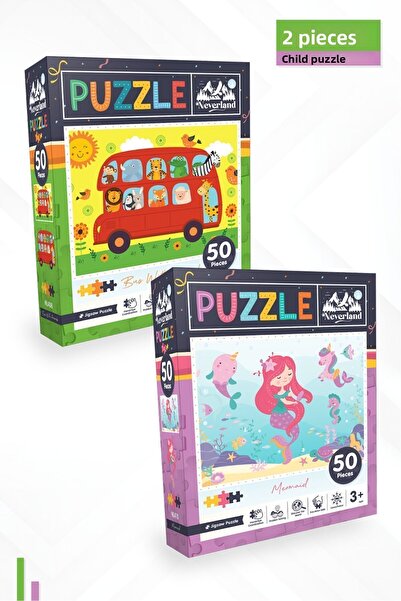 Neverland أحجية أطفال مكونة من قطعتين - أحجية مكونة من 50 قطعة - حافلة وحورية...