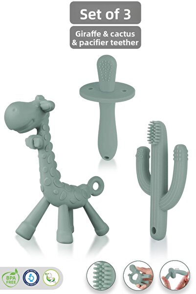 Meleni Baby 3-Piece Silicone Teether Set - Cactus Giraffe Figured Teether Bab...