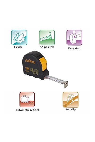 Badem10 Metal cu bandă neagră - 3 m x 16 mm, măsurare, măsurare, cu carcasă de plastic cu butoane