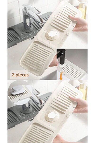 Bayev Cream 2 Pieces Elastic Faucet Mat Water Holder Organizer Non-Slip Base Organizer Kitchen Bathroom Sink