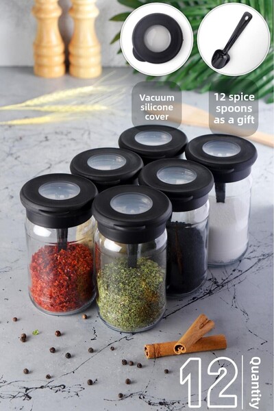 HOMENIVA 12 Pieces Glass Jar Spice Set - Vacuumed with Silicone Lid