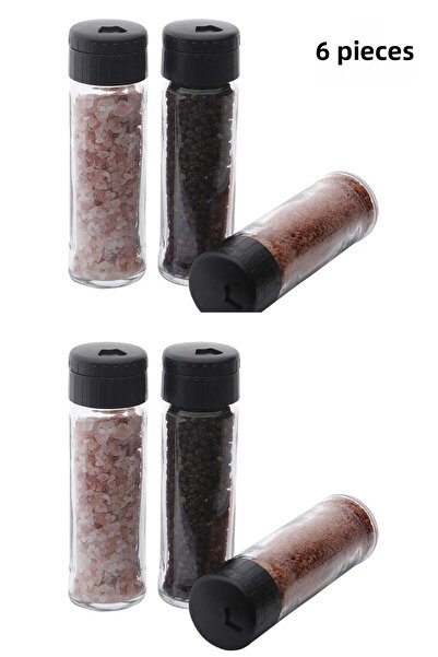 melikshop Pine 6-Piece Spice Set Glass Spice Rack with Black Lid