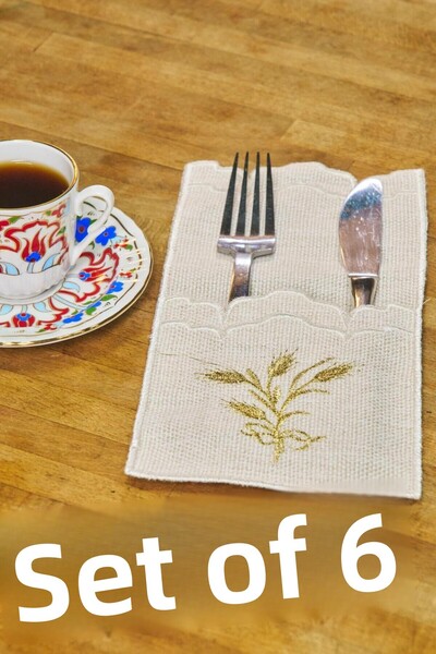 Dantelux Buzunar pentru tacâmuri și cuțite din in 6 piese (24x12 cm) - aurit