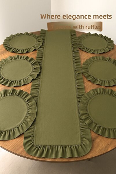KAMİZ Ruffled Khaki Green 7 Piece Set-Ruffled Runner & Ruffled 6 Piece American Service Supla- Dowry Set