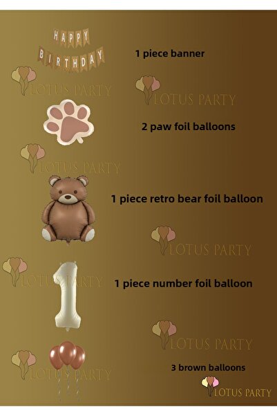 LOTUS PARTY Brown Paw - Retro Bear Foil Balloon - Retro Birthday Set - Kraft Happy Writing Age 2