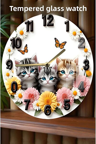 kutuTR Cute Cat Patterned 3D Look Tempered Glass Watch between Flowers – 33 cm Csdw231