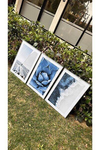 Linacci Set de pictură cu poster din sticlă moale, cu cadru metalic din aluminiu argintiu triplu, cu barca cu vele albastră