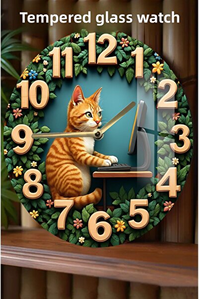 kutuTR ساعة من الزجاج المقسى بتصميم ثلاثي الأبعاد على شكل قطة مع إطار زهور - 33 سم CSDW205