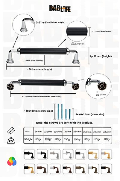 bablife Melis 288mm Negru - Crom Metal Sertar de lux Mânere de mobilier pentru dulapuri cu toate opțiunile de culoare