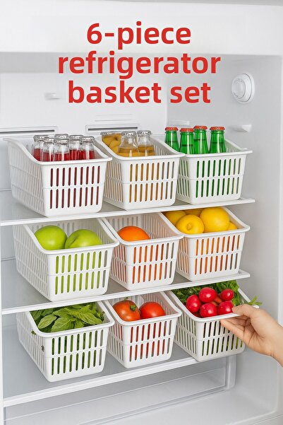 ÇELİKONLİNE Set of 6 Refrigerator Organizer Baskets – Multi-Purpose, Foldable, Durable, White Plastic Organizer