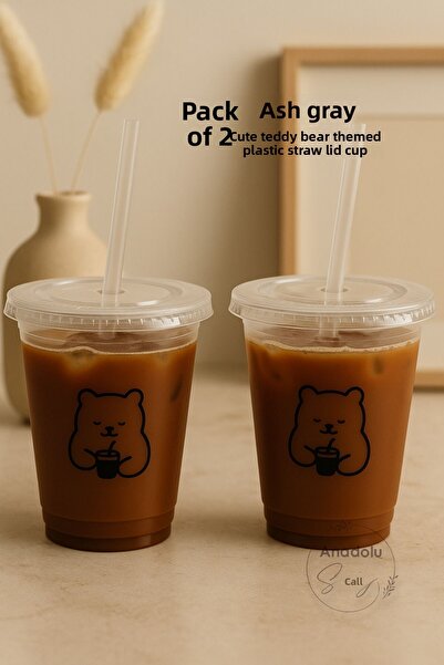 Anadolu Saray Set of 2 Cute Plastic Bear Themed Cups with Straws and Lids Bpa Free Coffee and Cold Drink Cups