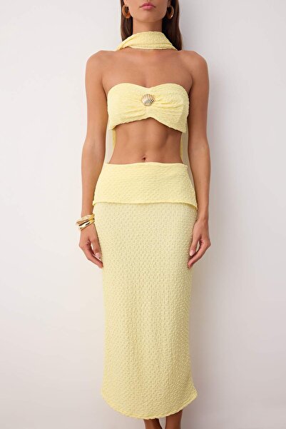 Trendyol Collection Yellow Textured Accessory Detailed Strapless Blouse Skirt Beach Suit Tbess25Au00113