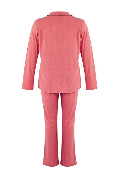 Trendyol Curve Dusty Rose Shirt Collar Cat Printed Knitted Pajamas Set Tbbaw23Ai00012