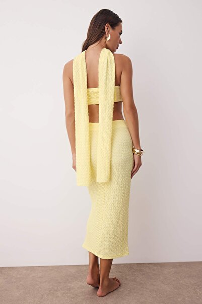 Trendyol Collection Yellow Textured Accessory Detailed Strapless Blouse Skirt Beach Suit Tbess25Au00113