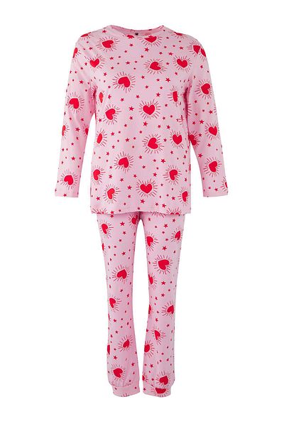Trendyol Curve Pink Heart T-Shirt-Jogger Knitted Pajamas Set Tbbaw23Ai00021