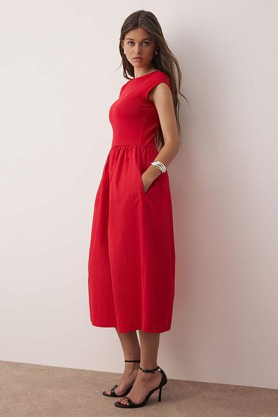 Trendyol Collection Red Stretchy Ribbed Top Wide Bottom Terrycotton Contrast Woven Dress