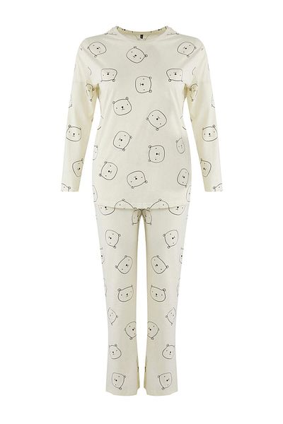 Trendyol Curve Ecru 100% Cotton Teddy Bear Knitted Pajama Set Tbbaw26Ai00012