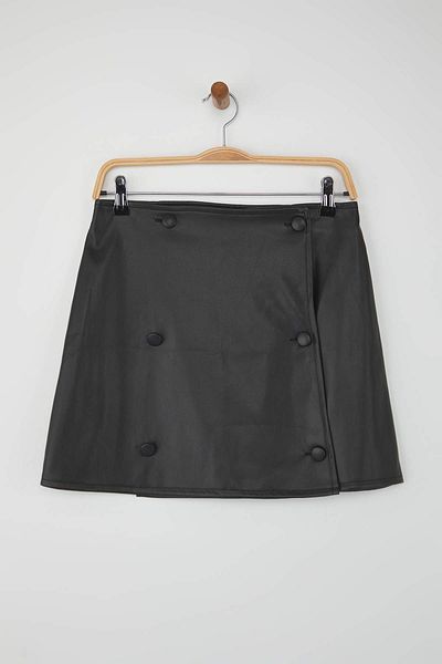 Trendyol Collection Black Button Detailed Wrap Mini Faux Leather Knitted Skirt Twoaw26Et00007