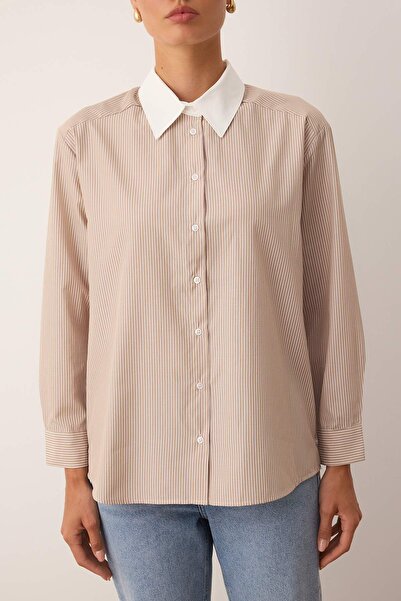Trendyol Modest Beige Collar Detailed and Side Buttoned Striped Woven Shirt Tctaw26Tg00004