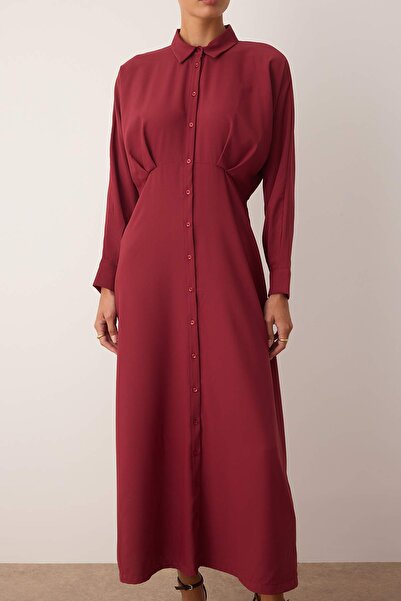 Trendyol Modest Burgundy Waist Detailed Buttoned Woven Shirt Dress Tctss24Eb00011