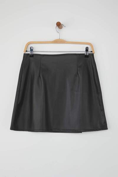 Trendyol Collection Black Button Detailed Wrap Mini Faux Leather Knitted Skirt Twoaw26Et00007