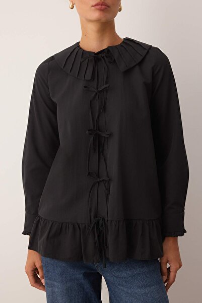 Trendyol Modest Black Cotton Ruffle Detailed Woven Shirt Tctaw26Tg00002